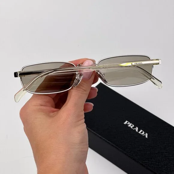 Prada PRB54S Sunglasses – Silver Rectangle Metal Brown Lenses